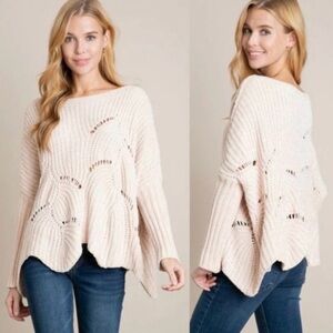 Oversized Chunky Knit Chenille Sweater Boho Size M with Cut-Outs